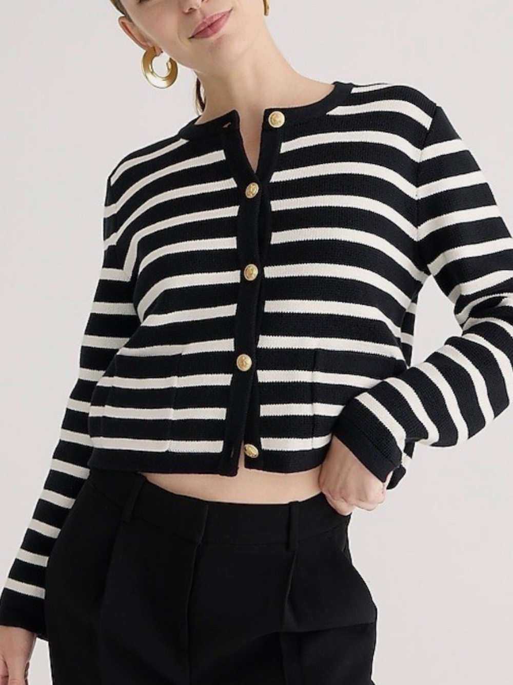 J. Crew Black & White Striped Gold-Button Cardigan
